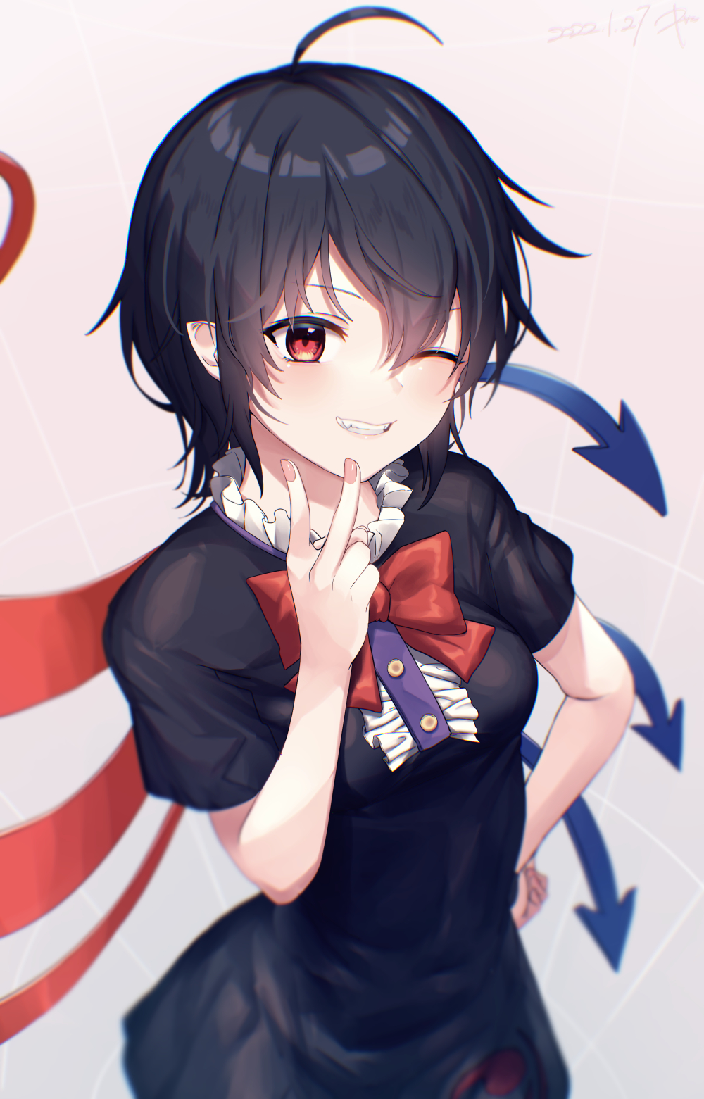 1girl ahoge asymmetrical_wings black_dress black_hair blue_wings blurry blush buttons center_frills depth_of_field dress fingernails frills grey_background grin hair_between_eyes highres houjuu_nue kisamu_(ksmz) pointy_ears red_eyes red_wings short_hair short_sleeves simple_background smile solo touhou wings