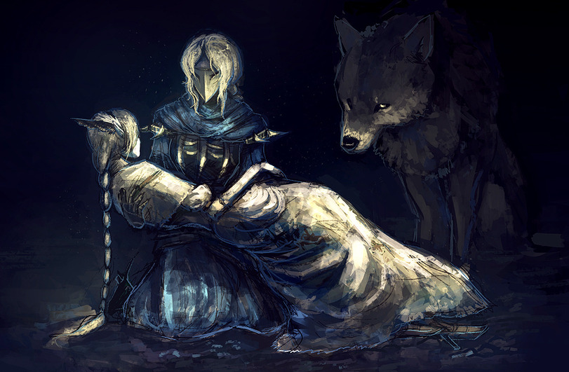 2girls armor blonde_hair braid covered_face dark_souls_(series) dark_souls_i dress dusk_of_oolacille great_grey_wolf_sif grey_fur holding long_hair lord's_blade_ciaran mask multiple_girls third-party_source wolf