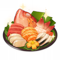 artist_request commentary english_commentary fish fish_(food) food food_focus genshin_impact leaf lowres no_humans official_art plate sashimi shrimp sparkle still_life third-party_source transparent_background
