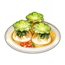 artist_request commentary dumpling english_commentary food food_focus genshin_impact lowres no_humans official_art plate sauce still_life third-party_source transparent_background