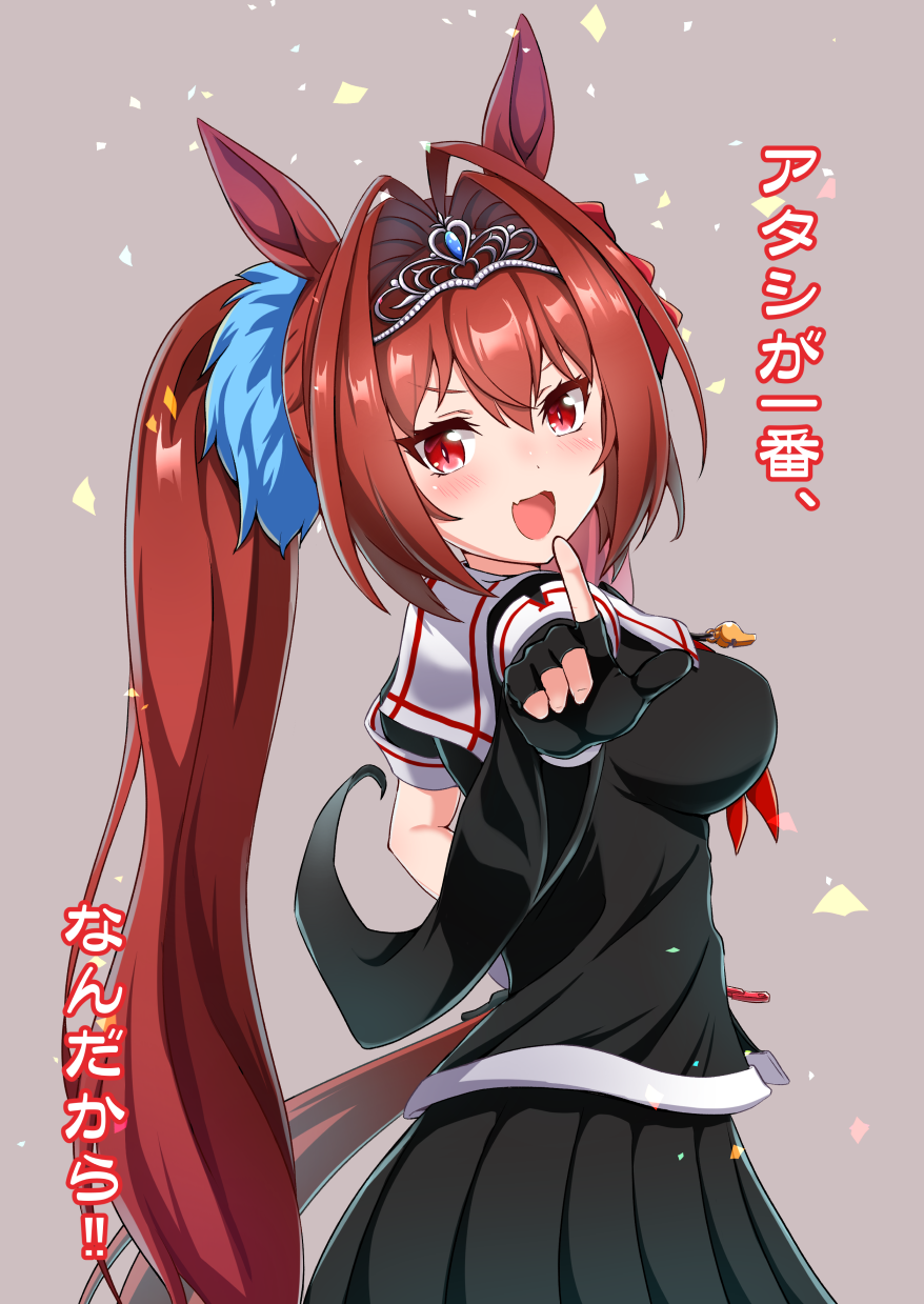 alternate_costume blush breasts brown_hair cosplay daiwa_scarlet_(umamusume) fang grey_background highres horse_girl kantai_collection large_breasts long_hair open_mouth pointing pointing_at_viewer red_eyes school_uniform shiratsuyu_(kancolle) shiratsuyu_(kancolle)_(cosplay) simple_background translation_request twintails umamusume yokoshima_(euphoria)