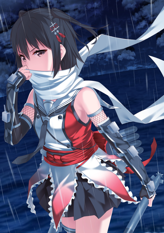 1girl adjusting_scarf bangs bare_shoulders black_gloves black_hair black_necktie black_skirt breasts brown_eyes buttons clouds cloudy_sky commentary cowboy_shot double-breasted dress elbow_gloves fingerless_gloves fishnets floating_scarf gloves hair_ornament hand_on_own_face holding holding_torpedo kantai_collection looking_at_viewer necktie night night_sky ocean on_water outdoors pleated_skirt rain red_dress sailor_collar scarf scarf_over_mouth sendai_(kancolle) sendai_kai_ni_(kancolle) short_hair skirt sky sleeveless small_breasts solo storm torpedo torpedo_launcher torpedo_tubes two_side_up v-shaped_eyebrows white_dress white_sailor_collar white_scarf wind yasuto_(eria151)