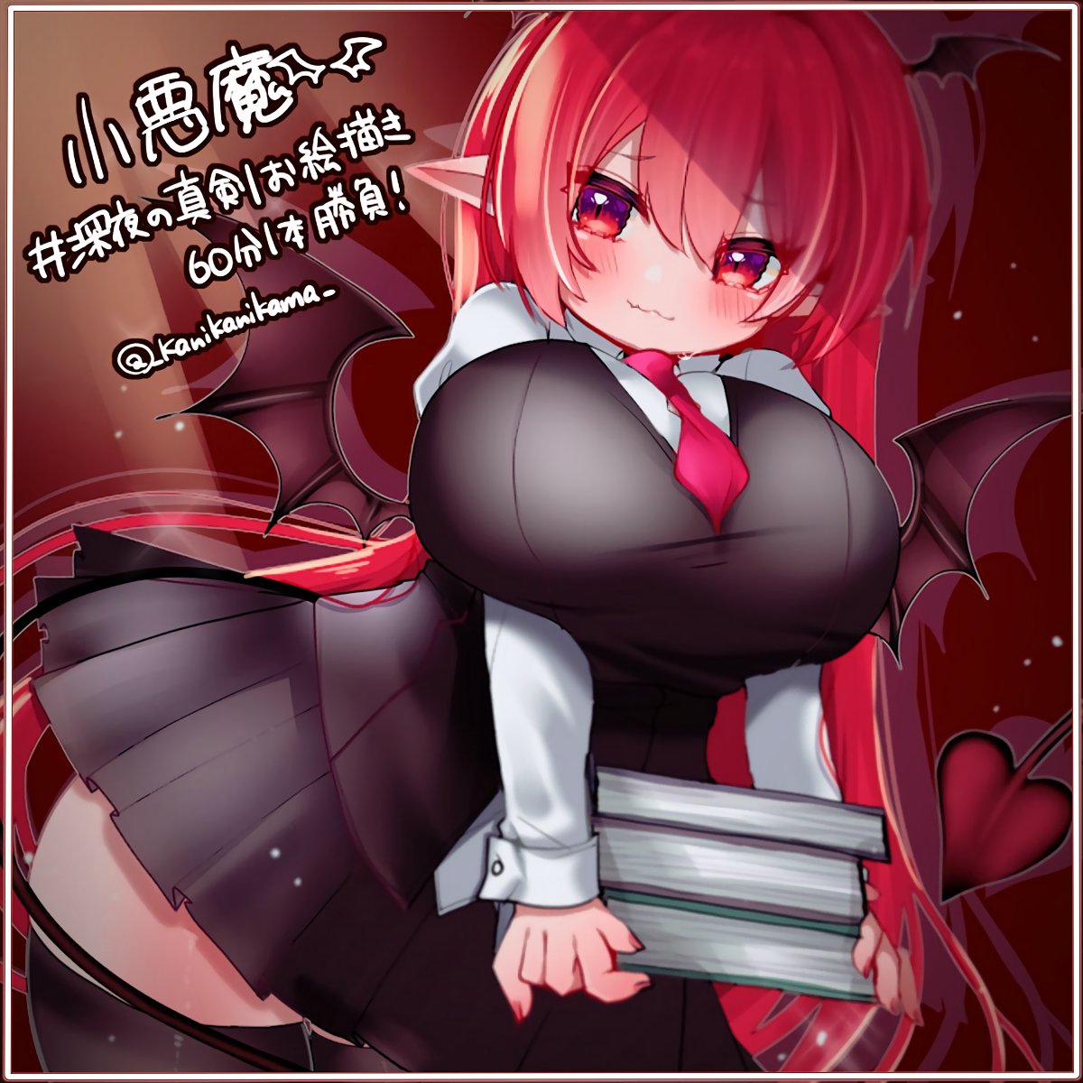 1girl :3 artist_name bat_wings black_skirt black_vest blush book book_stack bow breasts contrapposto cowboy_shot demon_tail drop_shadow dutch_angle eyebrows_visible_through_hair fang furrowed_brow hair_bow head_wings highres holding holding_book huge_breasts juliet_sleeves kanimanju koakuma light_rays long_sleeves looking_at_viewer nail_polish necktie one-hour_drawing_challenge pleated_skirt pointy_ears puffy_sleeves red_background red_eyes red_nails red_necktie redhead shirt shortstack simple_background skin_fang skirt solo tail thigh-highs touhou translation_request vest white_shirt wing_collar wings