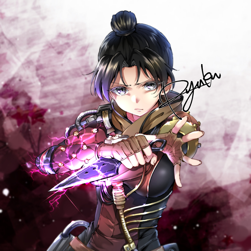 1girl airship_assassin_wraith apex_legends artist_name black_hair breasts brown_gloves brown_jacket cable commission electricity fingerless_gloves gloves grey_eyes hair_bun holding holding_knife jacket knife leaning_to_the_side medium_breasts official_alternate_costume open_hand ryuka solo upper_body wraith's_kunai wraith_(apex_legends)