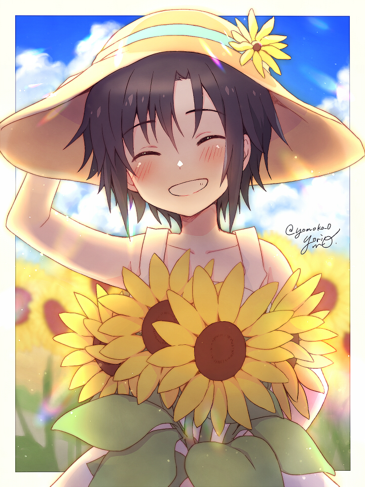 1girl adjusting_clothes adjusting_headwear artist_name bangs bare_shoulders black_hair blue_ribbon blue_sky blush brown_headwear closed_eyes clouds collarbone commentary dress facing_viewer field flower flower_field grin hand_on_headwear hat hat_flower hat_ribbon head_tilt holding holding_flower idolmaster kikuchi_makoto outside_border ribbon short_hair sky sleeveless sleeveless_dress smile solo straw_hat sun_hat sundress sunflower twitter_username white_dress yellow_flower yoriyomo