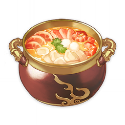 artist_request commentary english_commentary food food_focus garnish genshin_impact leaf lowres meat mushroom no_humans official_art pot shrimp soup still_life third-party_source transparent_background
