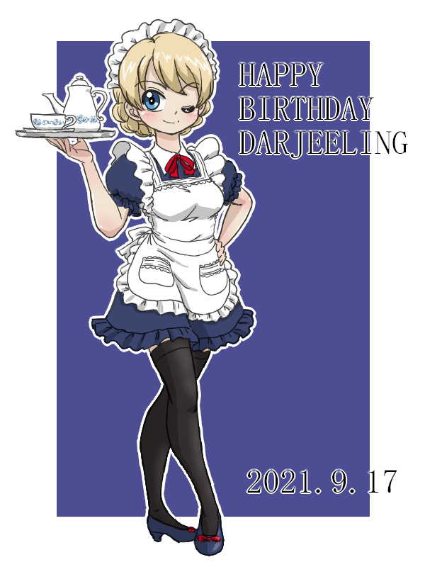 1girl ;) alternate_costume apron bangs black_legwear blonde_hair blue_background blue_eyes blue_footwear braid character_name closed_mouth collared_dress commentary cup darjeeling_(girls_und_panzer) dated dress english_text enmaided eyebrows_visible_through_hair frilled_dress frilled_sleeves frills full_body girls_und_panzer hand_on_hip happy_birthday high_heels holding holding_tray looking_at_viewer maid maid_apron maid_headdress neck_ribbon one_eye_closed outline outside_border puffy_short_sleeves puffy_sleeves red_ribbon ribbon saucer short_dress short_hair short_sleeves smile solo standing takahashi_kurage teacup teapot thigh-highs tied_hair tray twin_braids white_apron white_outline wing_collar