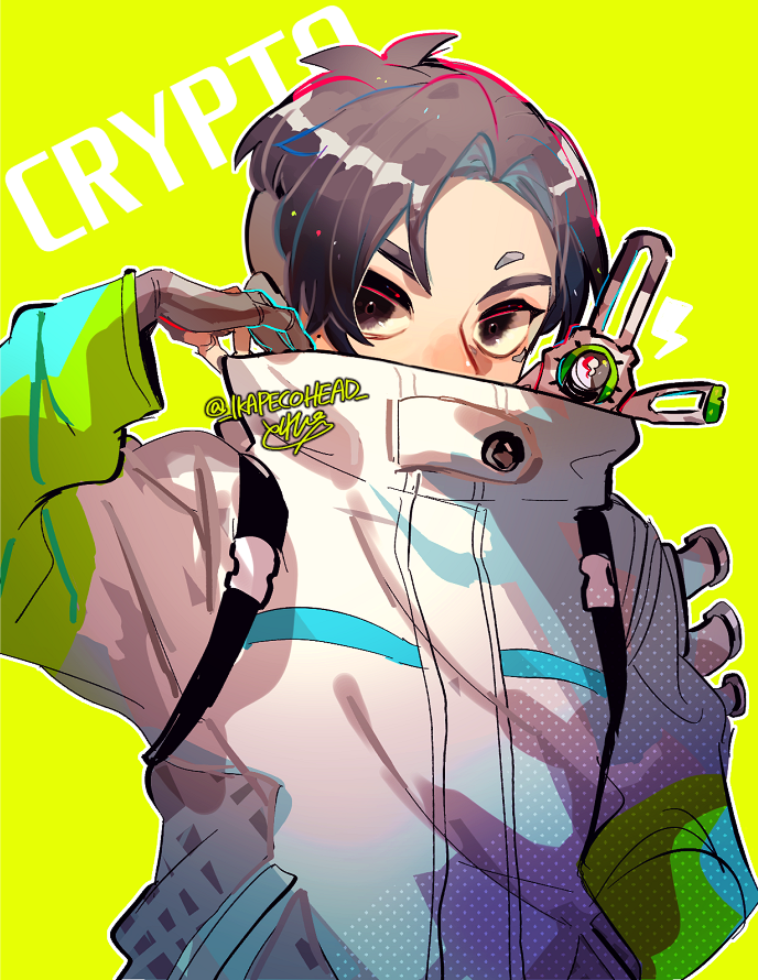 1boy apex_legends black_eyes black_hair character_name covered_mouth crypto_(apex_legends) drone green_background hack_(apex_legends) hand_in_pocket jacket male_focus parted_hair repikinoko signature solo twitter_username upper_body white_jacket