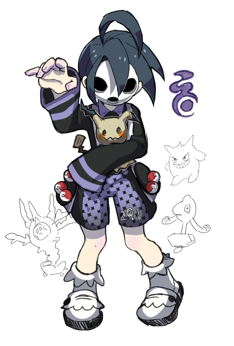 1boy ahoge allister_(pokemon) black_hair cursola full_body gengar long_sleeves male_focus mask mimikyu outstretched_arm poke_ball pokemon pokemon_(creature) pokemon_(game) pokemon_swsh shorts simple_background sleeves_past_wrists solo suspender_shorts suspenders white_background white_footwear yamask yoruhachi