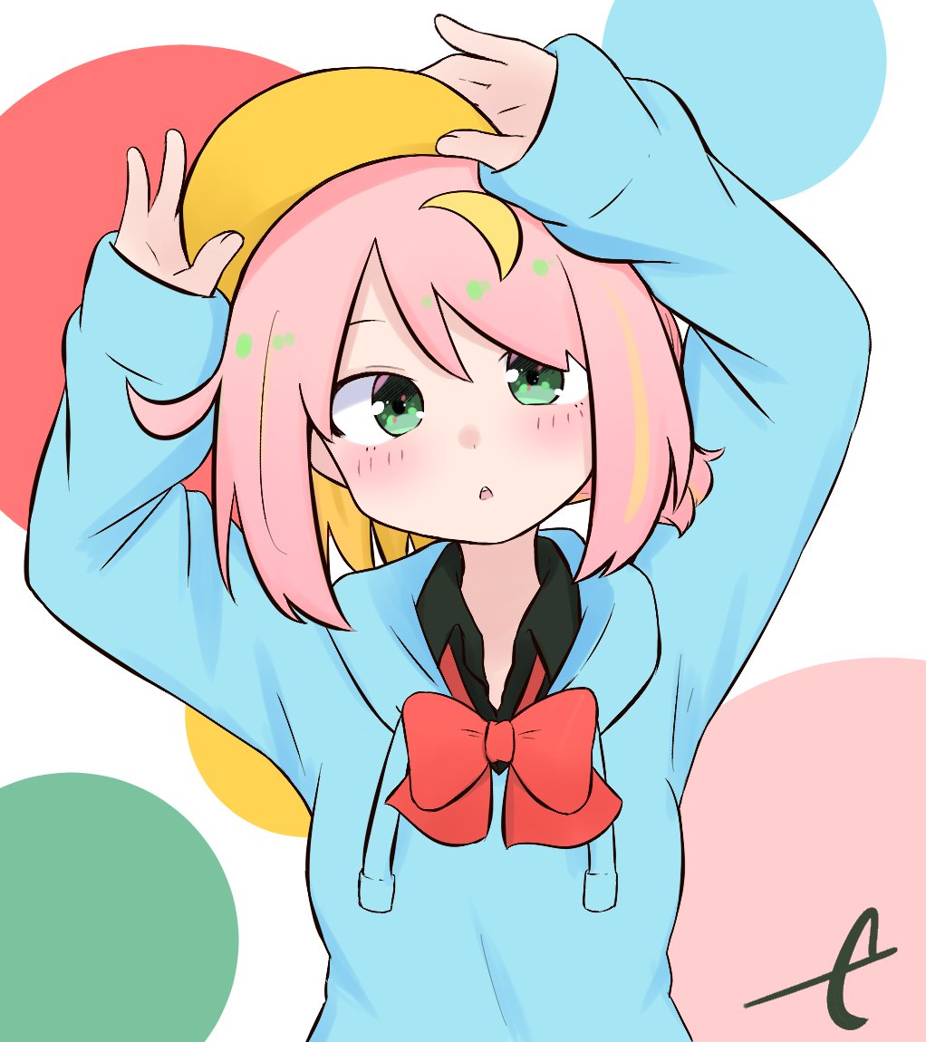 1girl adjusting_clothes adjusting_headwear arms_up bangs black_shirt blonde_hair blue_hoodie blush bow collared_shirt commentary_request drawstring eyebrows_behind_hair green_eyes hair_between_eyes hood hood_down hoodie kujou_karasuma long_sleeves multicolored_hair original parted_lips pink_hair red_bow shirt signature sleeves_past_wrists solo streaked_hair two-tone_hair upper_body visor_cap white_background yellow_headwear