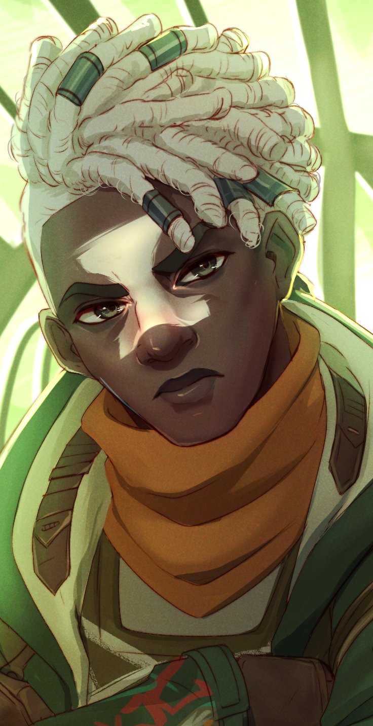 1boy arcane:_league_of_legends arcane_ekko bangs bekkomi brown_eyes closed_mouth dark-skinned_male dark_skin ekko_(league_of_legends) green_background hairlocs highres league_of_legends looking_at_viewer orange_scarf portrait scarf solo white_hair