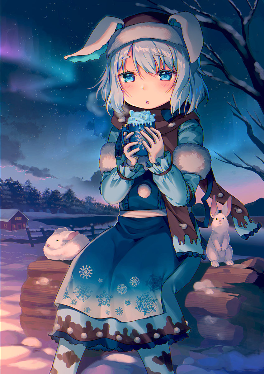 1girl :o animal animal_ears aurora bangs bare_tree blue_bow blue_dress blue_eyes blue_legwear blush bow breath brown_headwear brown_scarf building clouds commentary commission craytm cup dress english_commentary eyebrows_visible_through_hair feet_out_of_frame fur-trimmed_headwear grey_hair hair_between_eyes hands_up hat highres holding holding_cup long_sleeves mug night night_sky original outdoors pantyhose parted_lips puffy_long_sleeves puffy_sleeves rabbit rabbit_ears scarf sky sleeves_past_wrists snow solo star_(sky) starry_sky tree