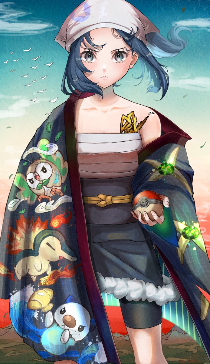 1girl akari_(pokemon) bike_shorts black_hair character_print chest_sarashi closed_mouth clouds coat collarbone commentary_request cyndaquil day eyelashes floating_hair grey_eyes head_scarf highres holding holding_poke_ball leaves_in_wind long_hair looking_at_viewer off_shoulder oshawott outdoors poke_ball poke_ball_(legends) pokemon pokemon_(game) pokemon_legends:_arceus ponytail rowlet sarashi sash setta_shu sidelocks skirt sky standing white_headwear