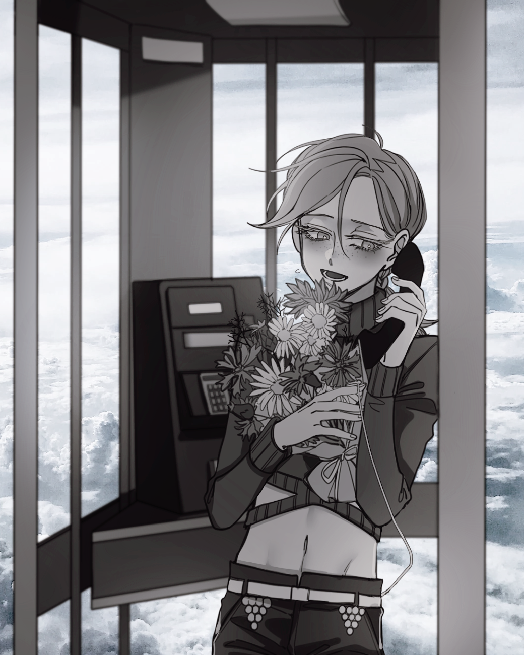 1boy bouquet clouds cloudy_sky crop_top daisy eyelashes flower freckles highres holding holding_bouquet holding_phone jojo_no_kimyou_na_bouken male_focus midriff payphone phone phone_booth ribbed_sweater sempon_(doppio_note) sky solo sweater talking_on_phone turtleneck vento_aureo vinegar_doppio