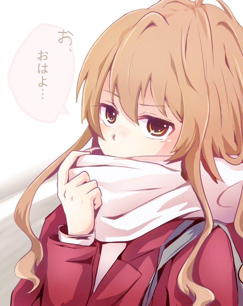 1girl adjusting_scarf aisaka_taiga bag bangs brown_eyes brown_hair commentary_request eyebrows_visible_through_hair jacket long_hair long_sleeves looking_at_viewer pink_scarf red_jacket scarf shoulder_bag sidelocks solo toradora! translation_request upper_body zxzmio