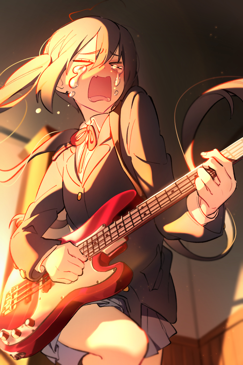 &gt;_&lt; 1girl ahoge bangs bass_guitar black_hair black_jacket blue_skirt classroom commentary crying english_commentary fang foreshortening from_below highres holding holding_instrument honla indoors instrument jacket k-on! long_hair music nakano_azusa neck_ribbon open_mouth playing_instrument pleated_skirt red_ribbon ribbon sakuragaoka_high_school_uniform school_uniform sidelocks skin_fang skirt solo sunlight twintails very_long_hair wing_collar