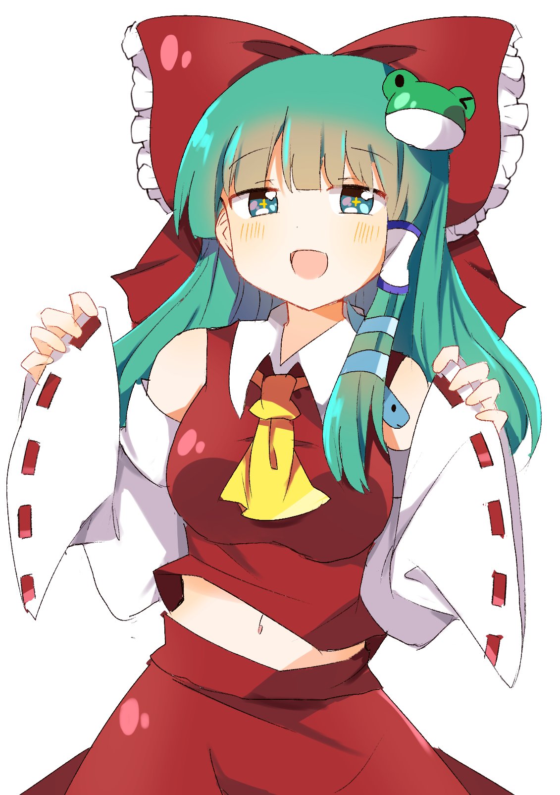 +_+ 1girl :d ascot bangs bare_shoulders bow collared_shirt cosplay cowboy_shot detached_sleeves eyebrows_visible_through_hair frog_hair_ornament green_eyes green_hair hair_bow hair_ornament hair_tubes hakurei_reimu hakurei_reimu_(cosplay) highres kochiya_sanae looking_at_viewer navel nontraditional_miko open_mouth red_bow red_shirt red_skirt ribbon-trimmed_sleeves ribbon_trim shirt simple_background skirt smile snake_hair_ornament solo standing touhou white_background wide_sleeves yellow_ascot zeroko-san_(nuclear_f)