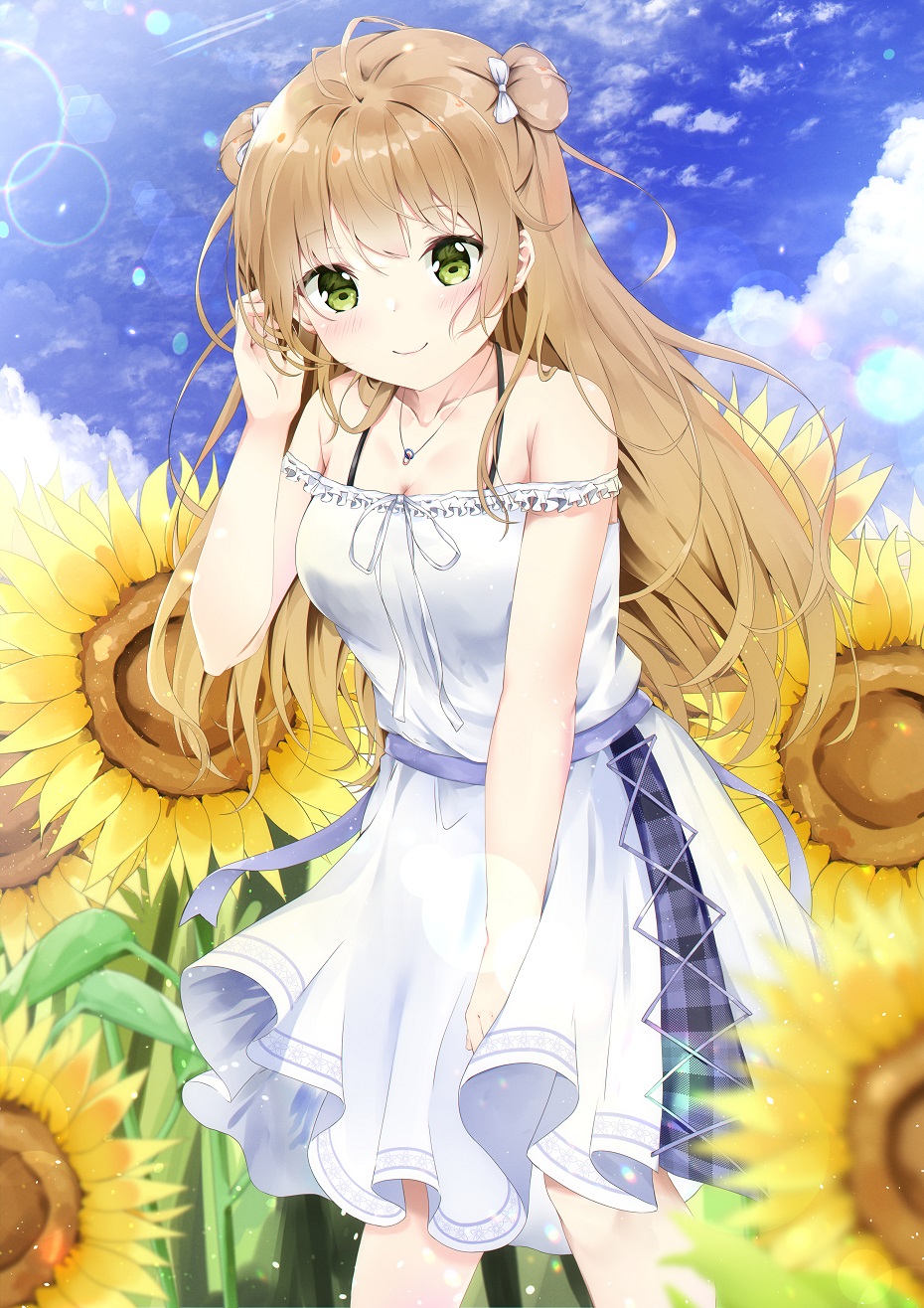 1girl adjusting_hair bare_arms bare_shoulders blue_sky blush bow breasts clouds commentary cowboy_shot double_bun dress flower girls_frontline green_eyes hair_bow highres jewelry lens_flare light_brown_hair long_hair looking_at_viewer medium_breasts necklace outdoors rfb_(girls'_frontline) sky smile solo sunflower u.b_m1s2s white_bow white_dress