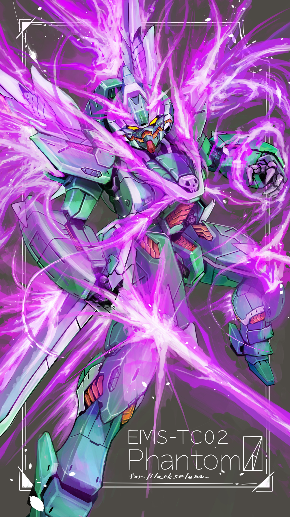 beam_saber character_name commission crossbone_gundam crossbone_gundam_ghost denjyou23 energy_sword fire grey_background gundam highres holding holding_sword holding_weapon mecha mobile_suit no_humans open_hand phantom_gundam purple_fire science_fiction skeb_commission skull solo sword v-fin weapon yellow_eyes