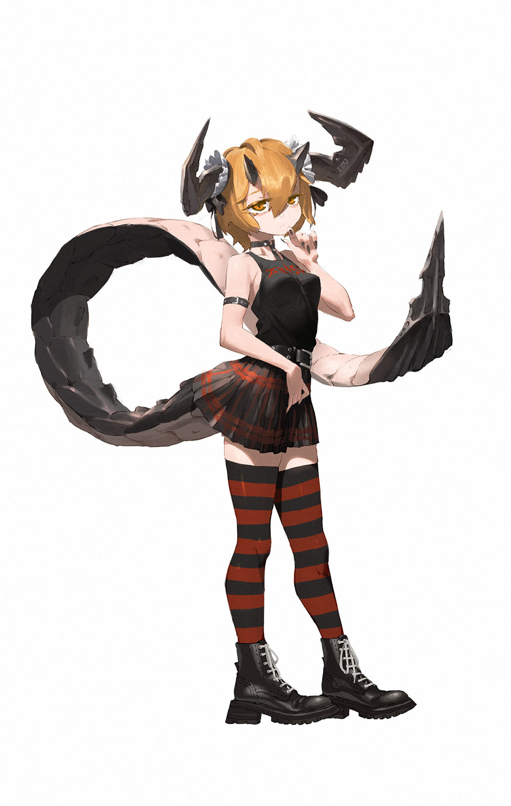 1girl armband bare_shoulders belt black_footwear black_nails blonde_hair boots commentary_request finger_to_own_chin fingernails highres horns long_fingernails long_tail miniskirt monster_girl original rias-coast simple_background skirt solo striped striped_legwear tail tank_top thigh-highs white_background yellow_eyes