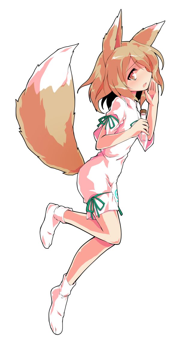 1girl animal_ears bangs blonde_hair blush bow breasts dairi eyebrows_visible_through_hair flying fox_ears fox_tail from_side green_bow hair_between_eyes hands_up kudamaki_tsukasa looking_at_viewer no_shoes open_mouth orange_eyes romper short_hair short_sleeves simple_background small_breasts socks solo standing tachi-e tail touhou transparent_background white_legwear white_sleeves