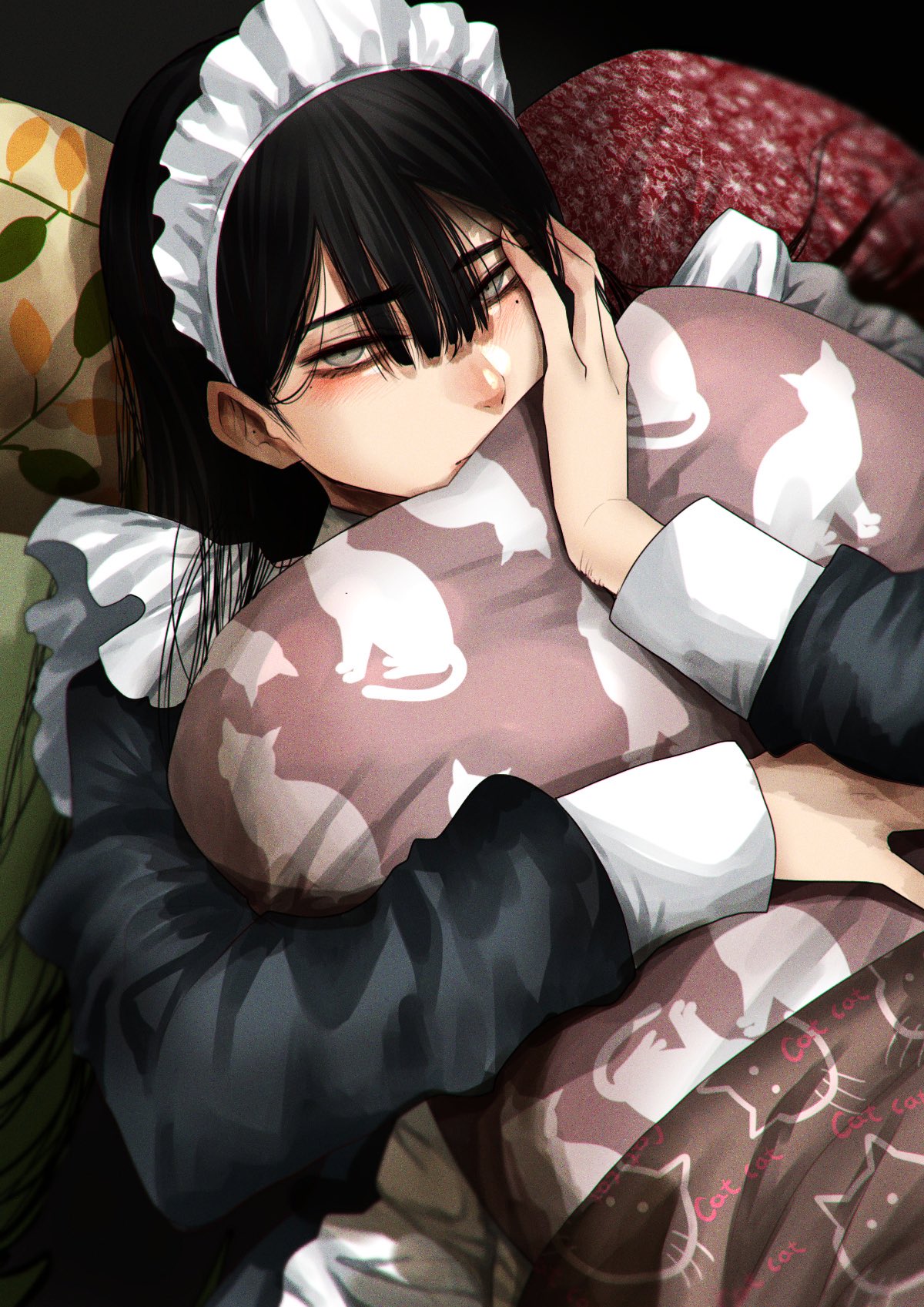 1girl animal_print apron bangs black_background black_hair cat_print covered_mouth cushion frilled_apron frills grey_eyes hair_between_eyes hand_on_own_face highres hoshi_san_3 long_hair looking_at_viewer lying maid maid_apron maid_headdress mole mole_under_eye nose object_hug on_back original solo upper_body