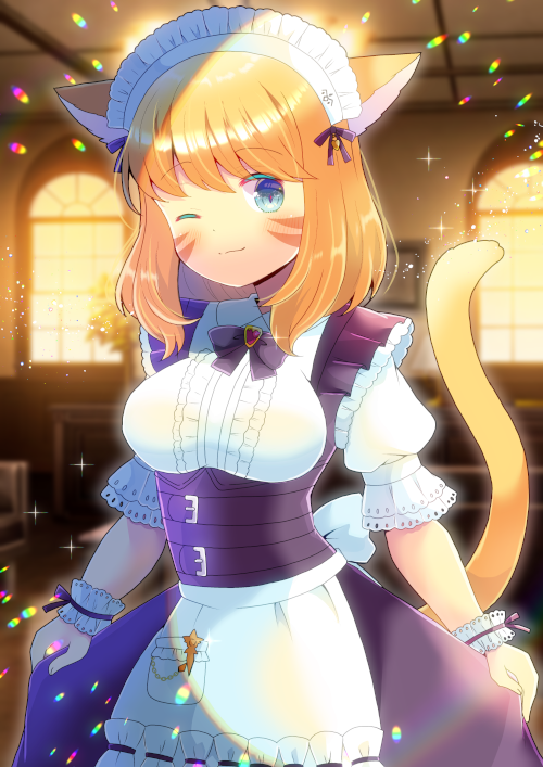 1girl ;) animal_ears apron bangs black_bow black_skirt blonde_hair blue_eyes blurry blurry_background blush bow breasts cat_ears cat_girl cat_tail center_frills closed_mouth collared_shirt commentary_request commission depth_of_field eyebrows_visible_through_hair facial_mark final_fantasy final_fantasy_xiv frilled_apron frills indoors kou_hiyoyo medium_breasts miqo'te one_eye_closed puffy_short_sleeves puffy_sleeves shirt short_sleeves skeb_commission skirt smile solo tail waist_apron whisker_markings white_apron white_shirt window wrist_cuffs