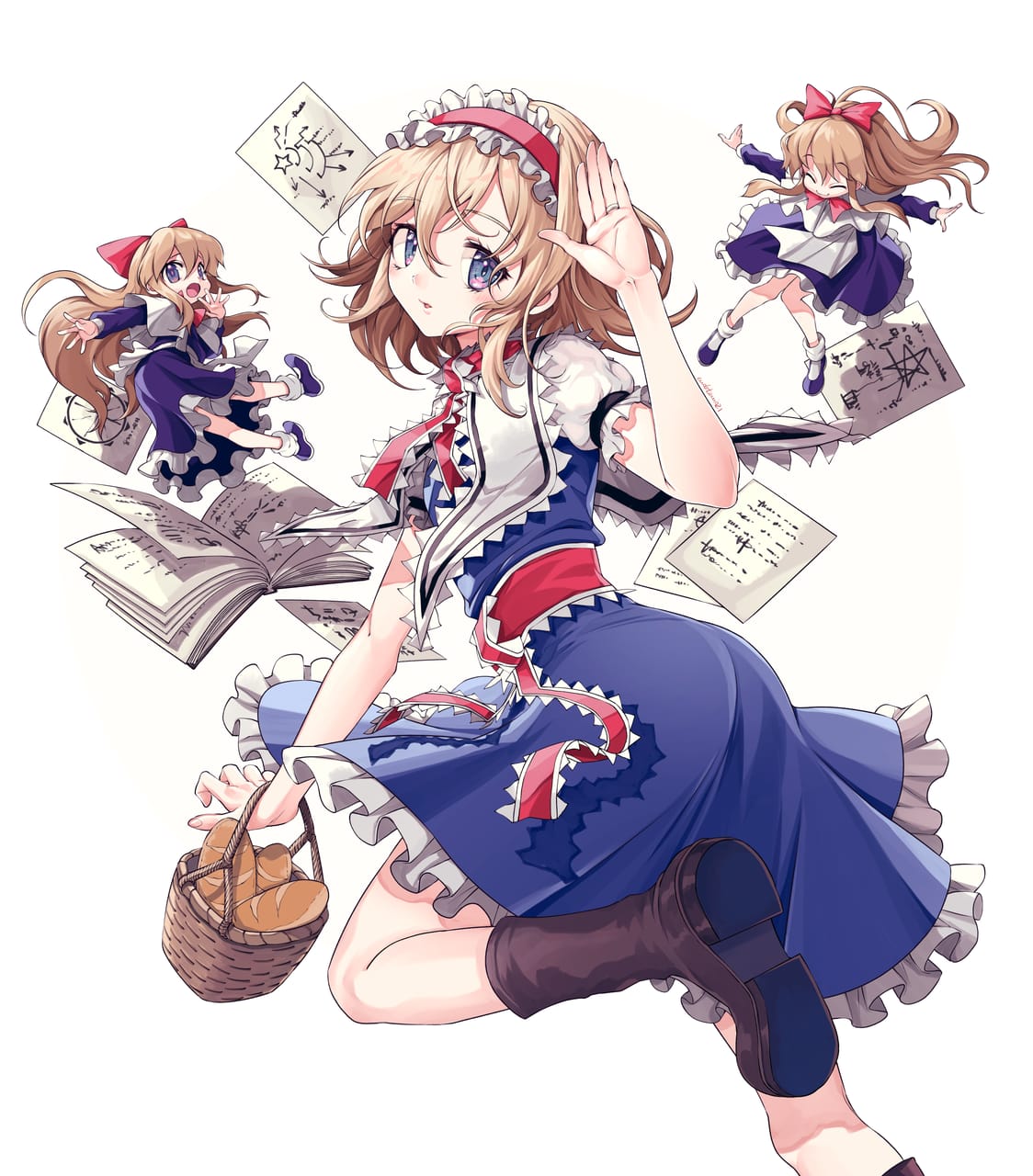1girl alice_margatroid ascot basket blonde_hair blue_dress blue_eyes boots bread brown_footwear capelet doll dress eudetenis food frilled_ascot frills grimoire_of_alice hairband highres hourai_doll knee_boots lolita_hairband paper puffy_short_sleeves puffy_sleeves red_ascot red_hairband red_neckwear red_sash sash shanghai_doll short_hair short_sleeves touhou white_capelet