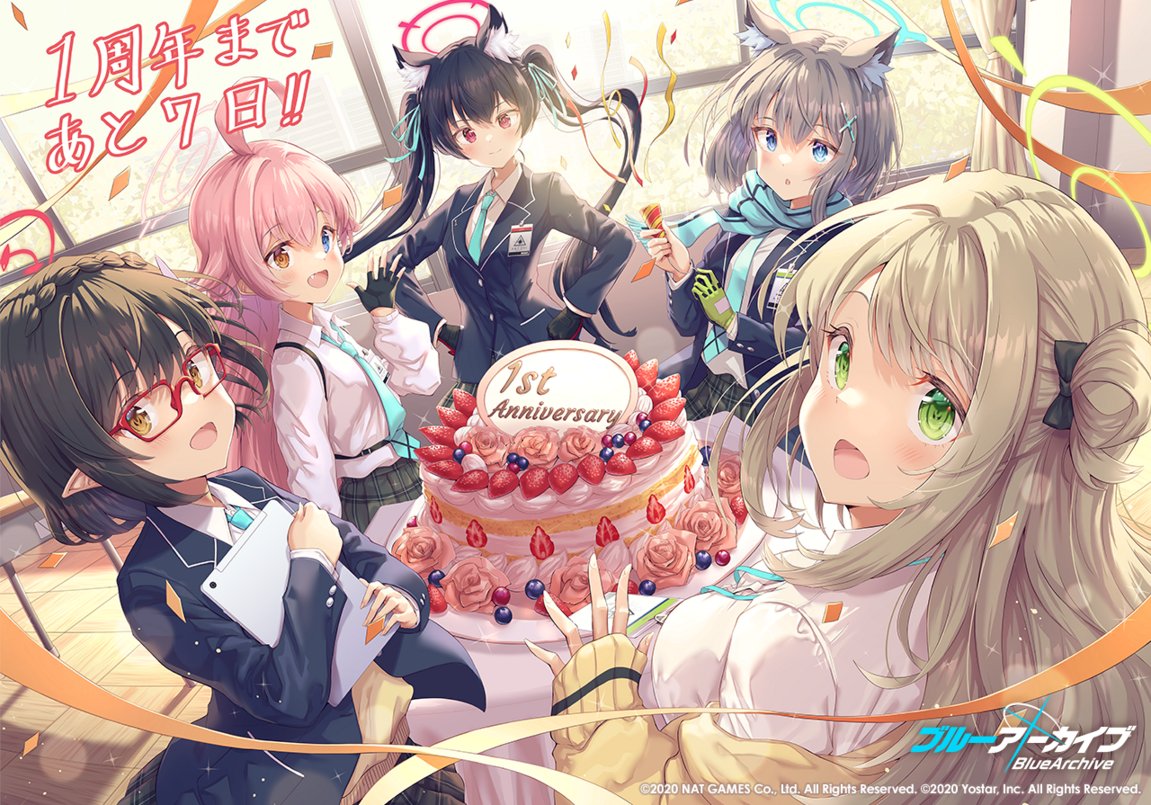 5girls ahoge ayane_(blue_archive) blue_archive blush cake commentary_request fang food halo hirokazu_(analysis-depth) hoshino_(blue_archive) long_hair looking_at_viewer multiple_girls nonomi_(blue_archive) open_mouth school_uniform serika_(blue_archive) shiroko_(blue_archive) smile twintails window