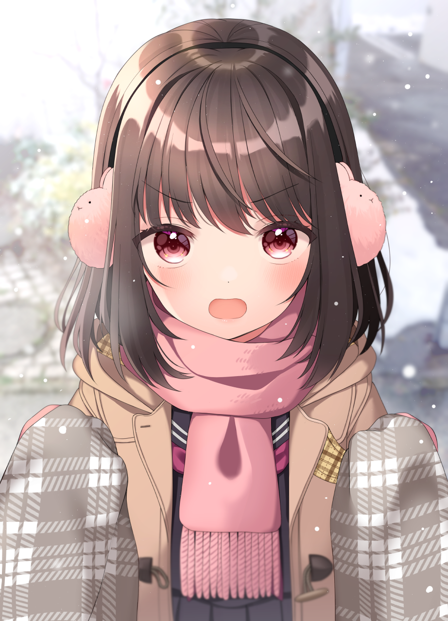 1girl animal_earmuffs bangs black_sailor_collar black_serafuku black_shirt black_skirt blurry blurry_background brown_coat brown_hair brown_scarf coat commentary_request depth_of_field eyebrows_visible_through_hair fringe_trim highres hood hood_down hooded_coat looking_at_viewer open_clothes open_coat open_mouth original pink_scarf plaid plaid_scarf pleated_skirt red_eyes sailor_collar scarf school_uniform serafuku shirt skirt solo uramakaron v-shaped_eyebrows