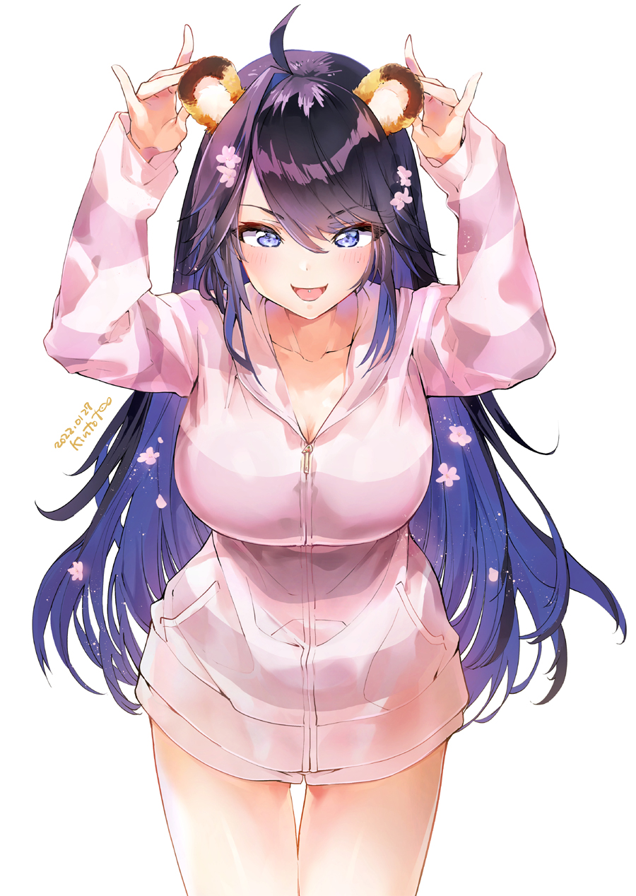 1girl ahoge animal_ears arms_up bangs blue_eyes breasts collarbone cowboy_shot dark_blue_hair dated eyebrows_visible_through_hair highres hood hoodie indie_virtual_youtuber kintotomaturi kson large_breasts long_hair looking_at_viewer open_mouth simple_background smile solo standing thigh_gap tiger_ears virtual_youtuber white_background zipper