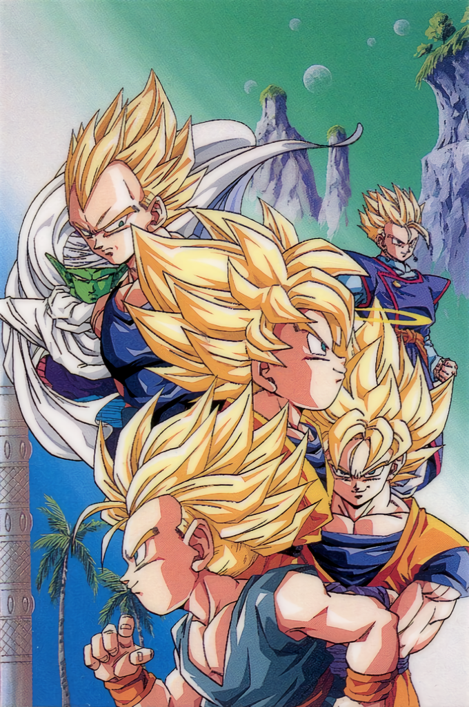 1990s_(style) aqua_eyes cape colored_skin dougi dragon_ball dragon_ball_z father_and_son green_skin halo long_sleeves looking_at_viewer male_focus muscular muscular_male namekian non-web_source official_art palm_tree piccolo pointy_ears profile retro_artstyle saiyan serious sleeveless smile son_gohan son_goku son_goten super_saiyan super_saiyan_1 tower tree trunks_(dragon_ball) turban vegeta widow's_peak wristband