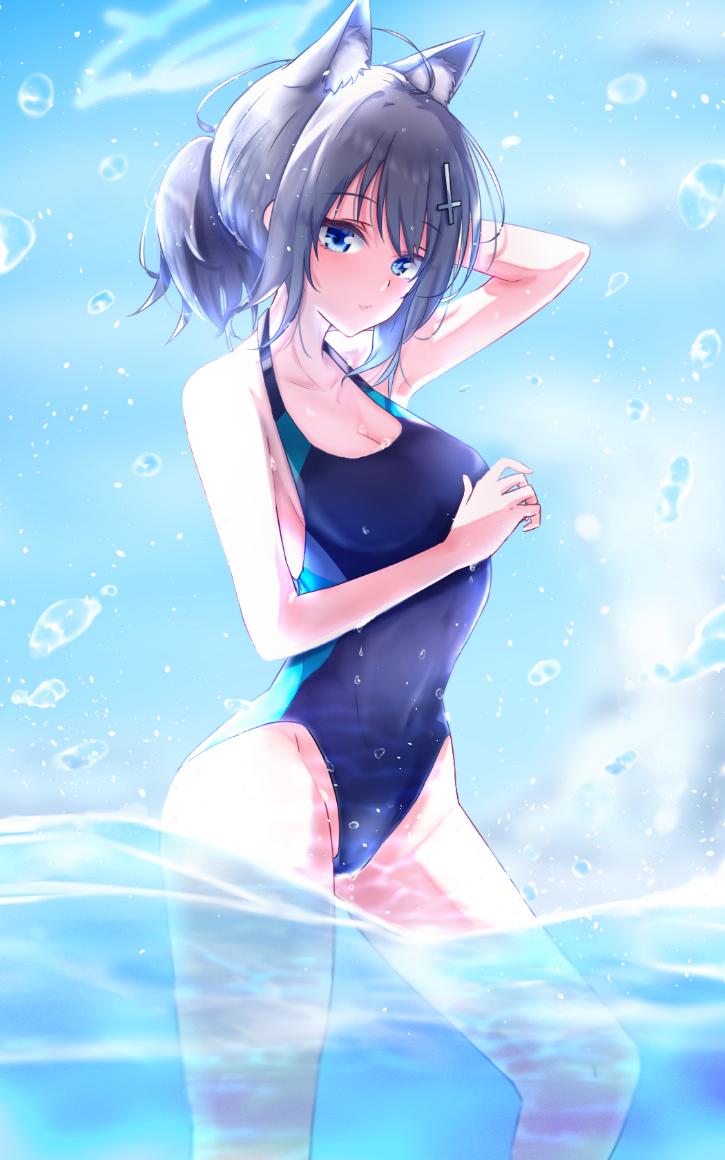 1girl animal_ear_fluff animal_ears bangs black_swimsuit blue_archive blue_eyes competition_swimsuit cowboy_shot cross_hair_ornament grey_hair hair_ornament halo highres medium_hair one-piece_swimsuit ruko_(user_zdfp4487) shiroko_(blue_archive) soaking_feet solo standing swimsuit water water_drop