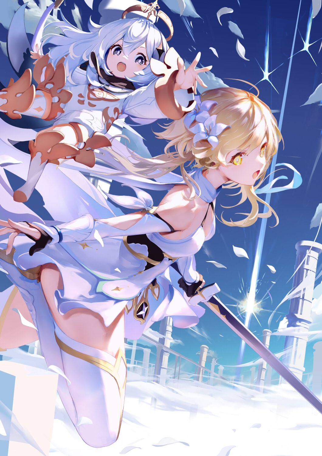 2girls :o ahoge arm_up bangs bare_shoulders black_gloves blonde_hair blue_cape blue_eyes blue_sky blush breasts cape capelet clear_sky commentary_request constellation dress eyelashes floating flower flying gauntlets genshin_impact gloves grey_eyes hair_between_eyes hair_flower hair_ornament halo highres holding holding_sword holding_weapon koka_(rikku-file) long_hair looking_at_viewer lumine_(genshin_impact) mechanical_halo multiple_girls open_mouth outstretched_arm paimon_(genshin_impact) pillar puffy_sleeves short_hair sideboob sidelocks silver_hair sky sword thigh-highs thighs weapon white_dress white_flower white_hair white_legwear yellow_eyes
