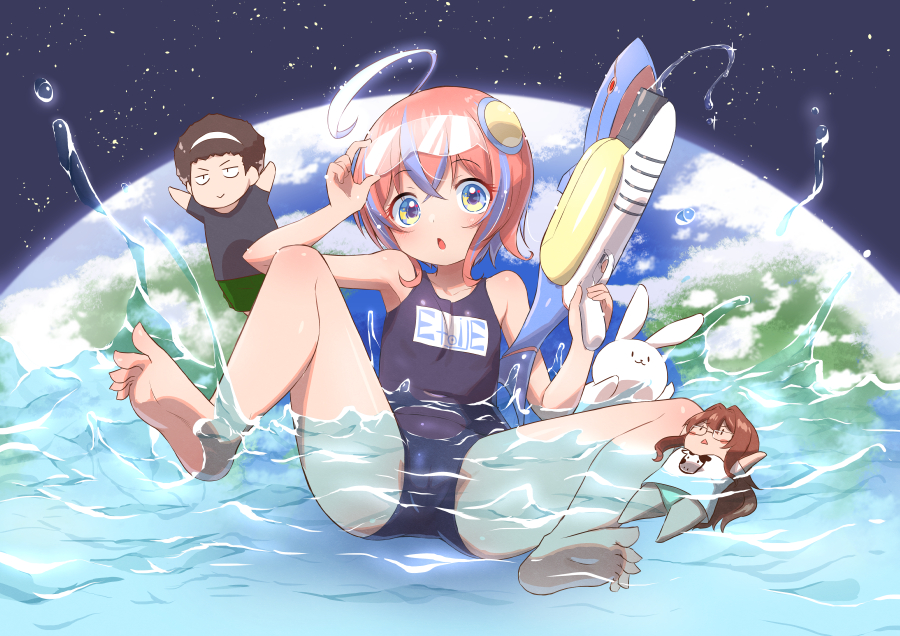 1boy 2girls ahoge animal arm_up bare_arms bare_legs bare_shoulders barefoot black_shirt black_swimsuit blue_eyes blue_hair brown_hair chibi commentary_request earth_(planet) goggles goggles_on_head green_shorts holding multicolored_hair multiple_girls muu_rian old_school_swimsuit one-piece_swimsuit original parted_lips planet rabbit red-framed_eyewear school_swimsuit semi-rimless_eyewear shirt short_shorts short_sleeves shorts streaked_hair swimsuit under-rim_eyewear water water_gun white_shirt