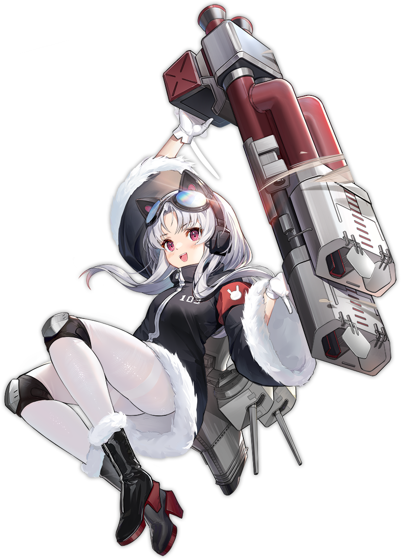 1girl alisa_(kuro_no_sakura) arm_up azur_lane black_coat blush blush_stickers boots chang_chun_(azur_lane) coat full_body fur-trimmed_boots fur-trimmed_coat fur_trim gloves goggles goggles_on_head headphones high_heel_boots high_heels holding holding_weapon legs legs_folded long_hair looking_at_viewer mechanical_ears official_art pantyhose pink_eyes pout retrofit_(azur_lane) rigging rocket_launcher silver_hair smile solo teeth thighs tiger tongue tongue_out transparent_background upper_teeth weapon white_gloves white_legwear wide_sleeves