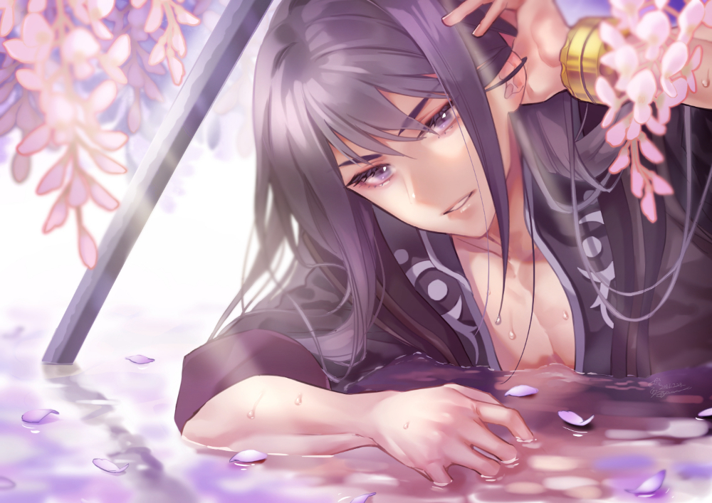 1boy bishounen black_hair black_shirt bracelet itsuki_(strife_ninnin) jewelry long_hair looking_at_viewer male_focus parted_lips partially_submerged petals planted planted_sword shirt signature solo sword tales_of_(series) tales_of_vesperia violet_eyes water weapon yuri_lowell