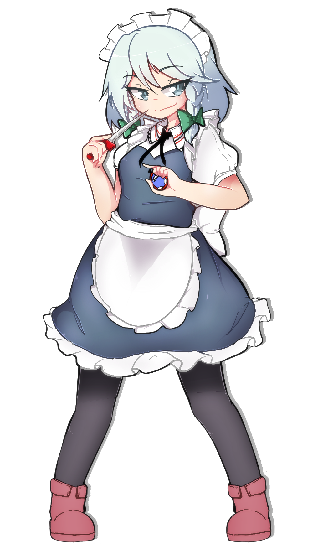 1girl black_legwear bow closed_mouth eyebrows_visible_through_hair full_body green_bow grey_eyes grey_hair hair_bow highres holding holding_knife izayoi_sakuya knife linkaluote looking_at_viewer maid maid_headdress pantyhose short_hair short_sleeves smile solo touhou