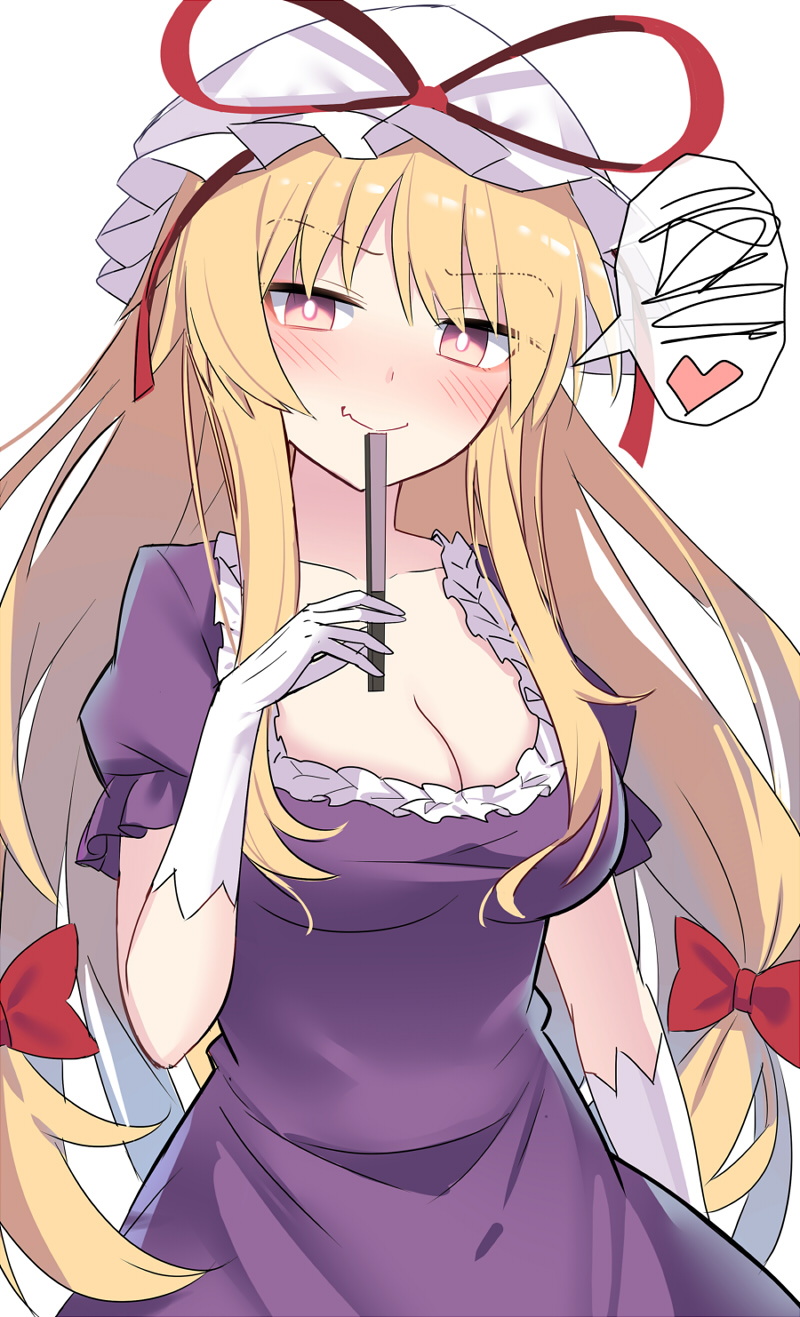 1girl arm_up bangs blonde_hair blush bright_pupils closed_fan closed_mouth commentary_request dress e.o. elbow_gloves eyelashes folding_fan gloves hair_ribbon hand_fan highres holding holding_fan long_hair puffy_short_sleeves puffy_sleeves purple_dress red_ribbon ribbon short_sleeves smile solo standing touhou tress_ribbon upper_body violet_eyes wavy_mouth white_background white_gloves white_pupils yakumo_yukari