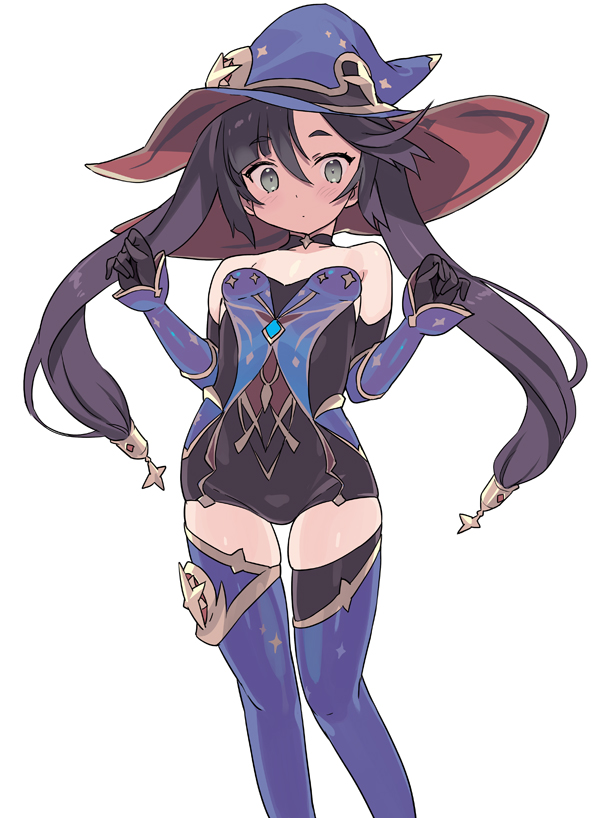 1girl bangs bare_shoulders black_hair blade_(galaxist) blue_headwear blush breasts genshin_impact green_eyes hat long_hair looking_at_viewer mona_(genshin_impact) mona_(pact_of_stars_and_moon)_(genshin_impact) official_alternate_costume small_breasts solo thigh-highs thighs twintails witch_hat