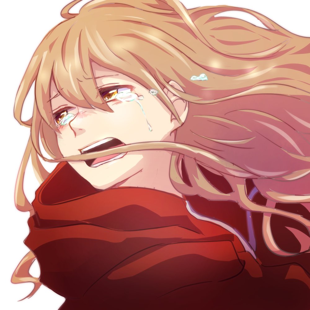 1girl aisaka_taiga bangs brown_eyes brown_hair commentary_request crying crying_with_eyes_open eyebrows_visible_through_hair flying_teardrops hair_between_eyes hood hood_down hoodie long_hair looking_back looking_to_the_side open_mouth red_hoodie sad simple_background solo streaming_tears tears teeth toradora! upper_body white_background zxzmio