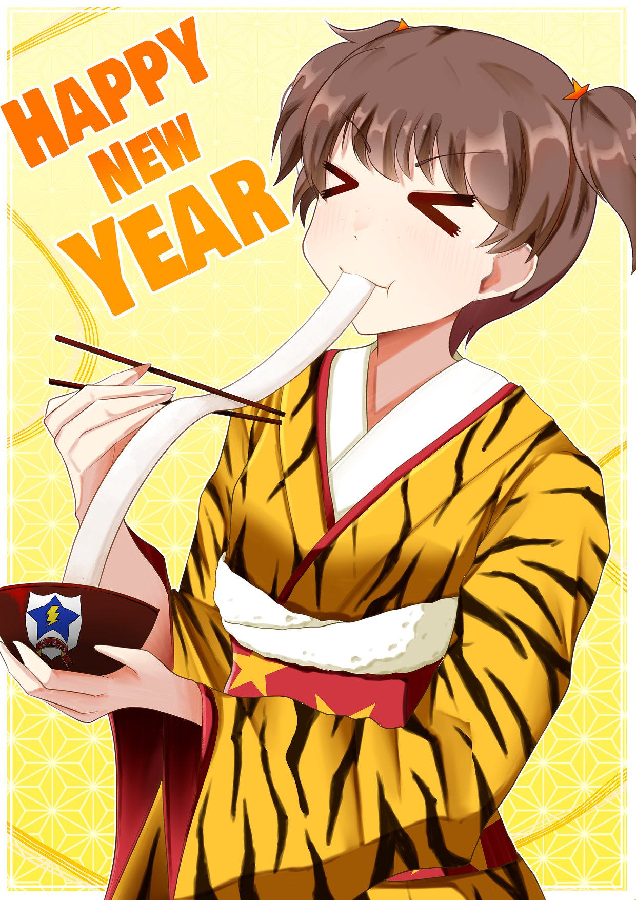 1girl alisa_(girls_und_panzer) animal_print banareona bangs bowl brown_hair chopsticks closed_eyes closed_mouth commentary e-t eating emblem english_text freckles girls_und_panzer hair_ornament happy_new_year highres holding holding_bowl holding_chopsticks japanese_clothes kimono mochi mochi_trail new_year obi orange_kimono print_kimono sash saunders_(emblem) short_hair smile solo standing star_(symbol) star_hair_ornament star_print tiger_print zouni_soup