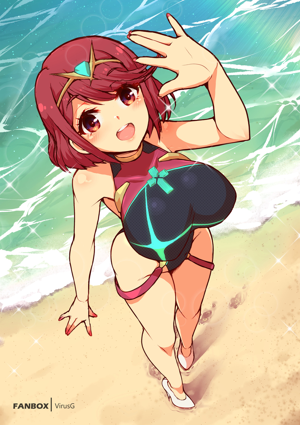 bangs bikini black_swimsuit breasts chest_jewel competition_swimsuit covered_collarbone covered_navel gem headpiece highres large_breasts neon_trim one-piece_swimsuit pyra_(pro_swimmer)_(xenoblade) pyra_(xenoblade) red_eyes red_swimsuit redhead ribbed_swimsuit short_hair strapless strapless_swimsuit swept_bangs swimsuit tiara two-tone_swimsuit virus-g xenoblade_chronicles xenoblade_chronicles_(series) xenoblade_chronicles_2