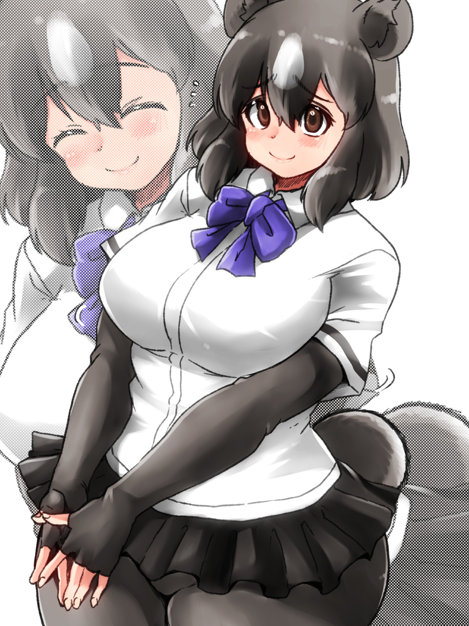 1girl animal_ears bangs bear_ears bear_girl bear_tail black_hair blush bodystocking bow bowtie breasts brown_bear_(kemono_friends) brown_eyes closed_eyes closed_mouth collared_shirt colored_inner_hair commentary_request eyebrows_visible_through_hair fingerless_gloves flustered flying_sweatdrops furrowed_brow gloves grey_hair hair_ornament highres huge_breasts isna_(footprintsofisna) kemono_friends layered_sleeves long_sleeves medium_hair microskirt multicolored_hair multiple_views own_hands_together shirt short_over_long_sleeves short_sleeves skirt smile tail two-tone_hair v_arms white_shirt wing_collar