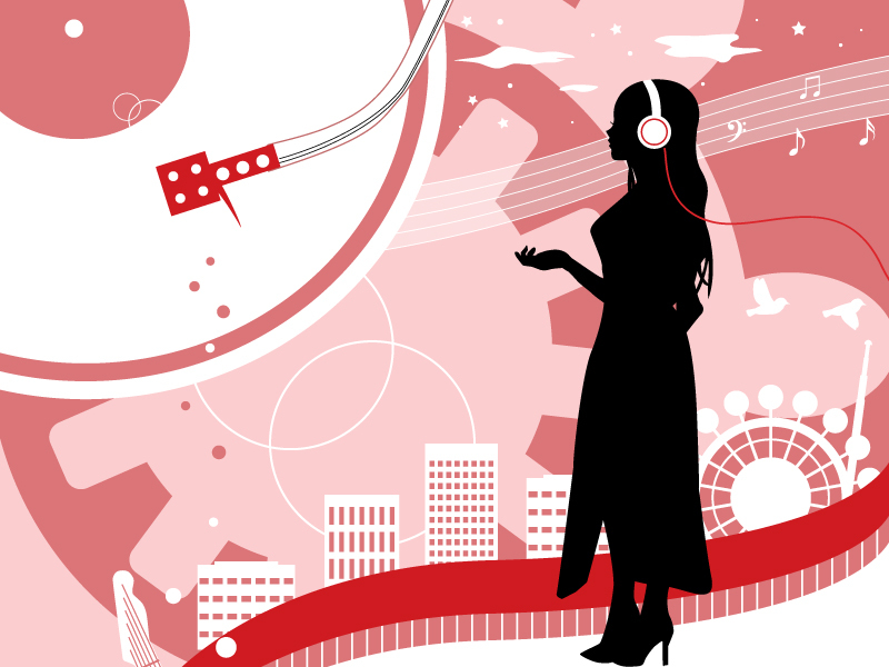 1girl bass_clef beamed_eighth_notes betete bird cable cityscape commentary dress eighth_note from_side full_body gears headphones high_heels megurine_luka musical_note nail_polish phonograph_needle pink_background record silhouette sixteenth_note solo staff_(music) star_(symbol) vocaloid