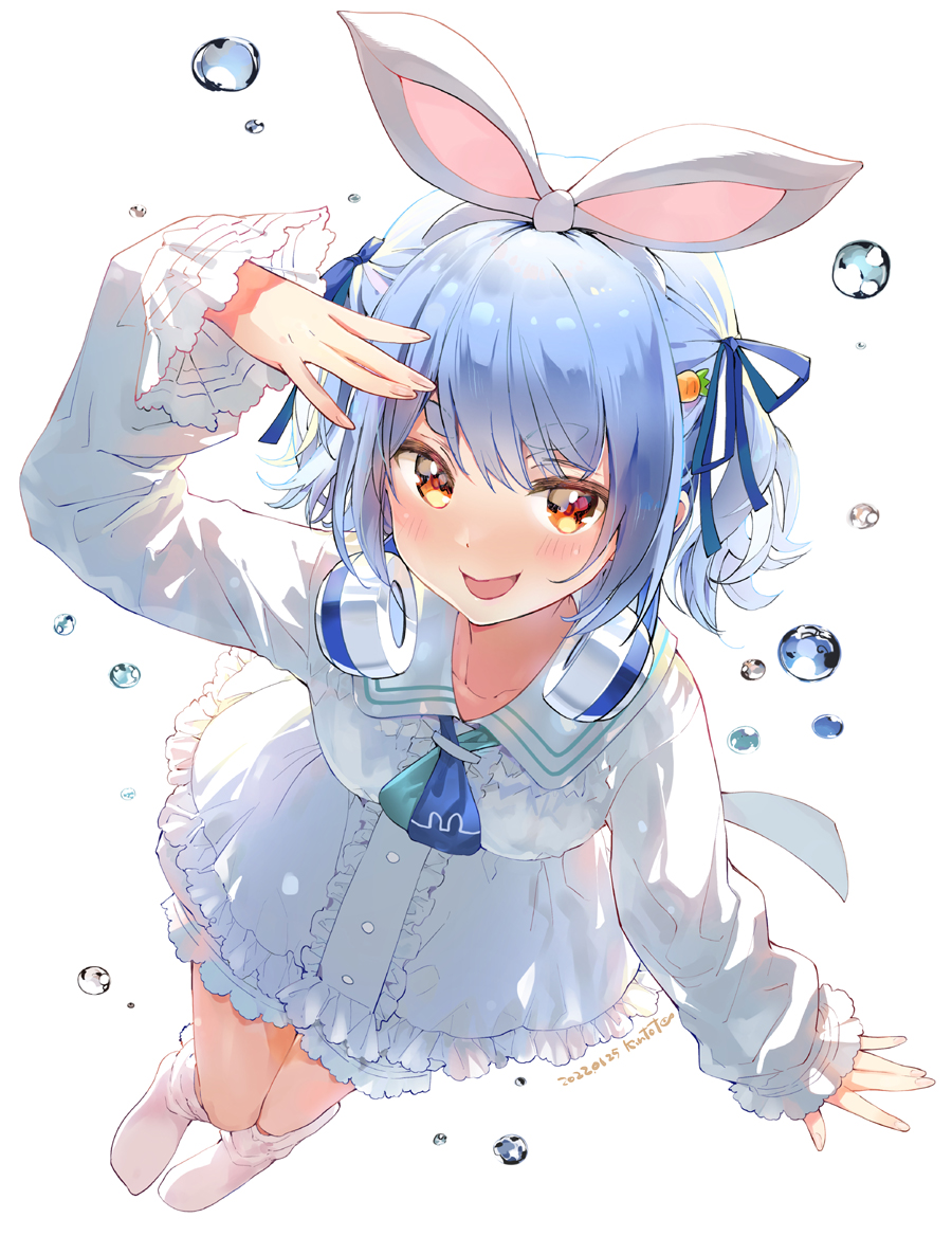 1girl animal_ears blue_hair carrot_hair_ornament dated dress food-themed_hair_ornament frilled_dress frills hair_ornament hair_ribbon headphones headphones_around_neck hikimayu hololive kintotomaturi open_mouth orange_hair rabbit_ears ribbon simple_background socks solo thick_eyebrows two_side_up usada_pekora virtual_youtuber water_drop white_background