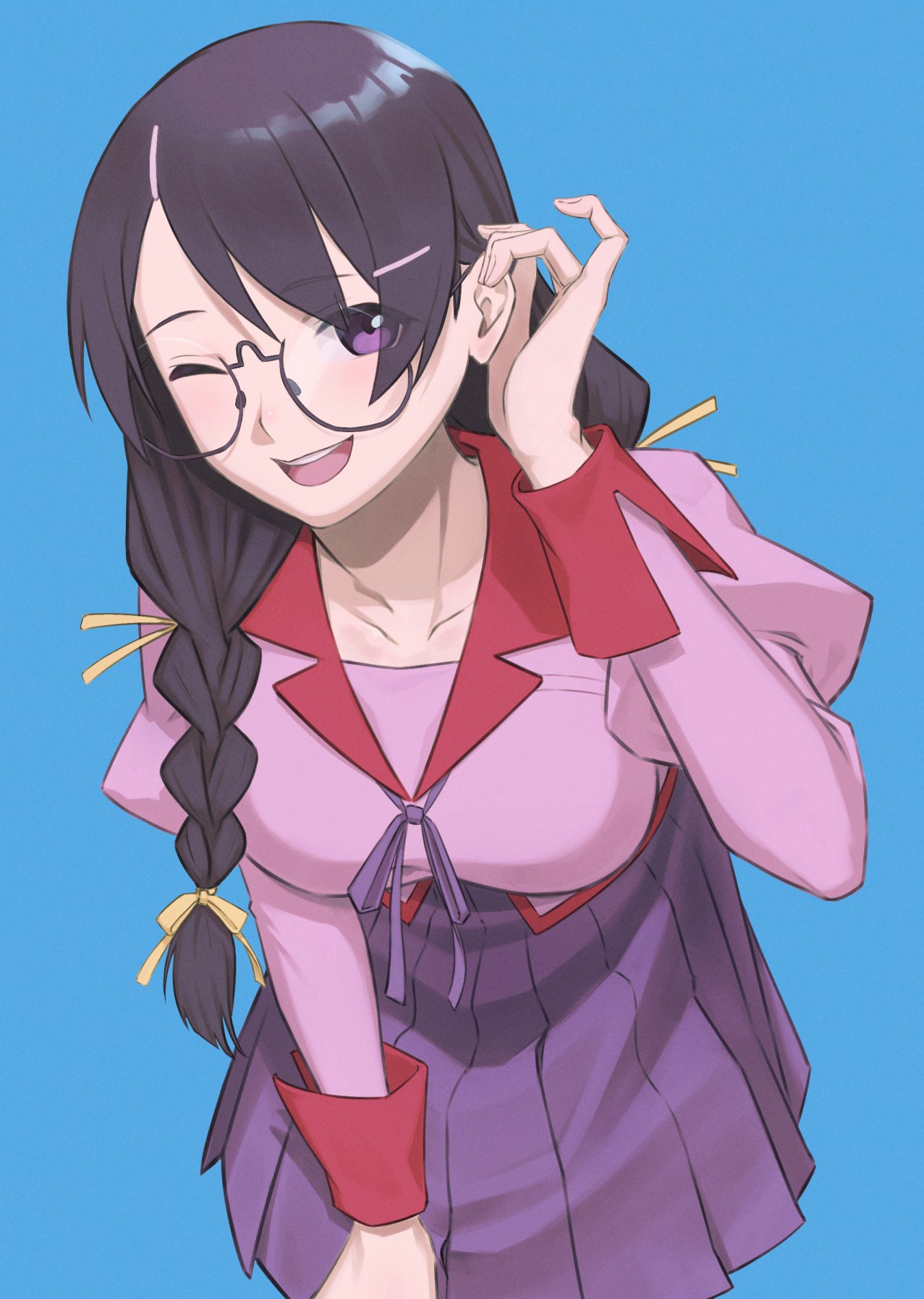 1girl ;d bangs blue_background braid braided_ponytail brown_hair collar collarbone collared_shirt commentary_request cowboy_shot eyebrows_visible_through_hair eyes_visible_through_hair glasses hair_ornament hair_ribbon hairclip hand_on_own_thigh hand_up hanekawa_tsubasa highres leaning_forward long_hair looking_at_viewer monogatari_(series) one_eye_closed open_mouth pleated_skirt purple_ribbon purple_skirt red_collar red_sleeves ribbon shimizu_tomoki shirt simple_background skirt smile solo violet_eyes yellow_ribbon