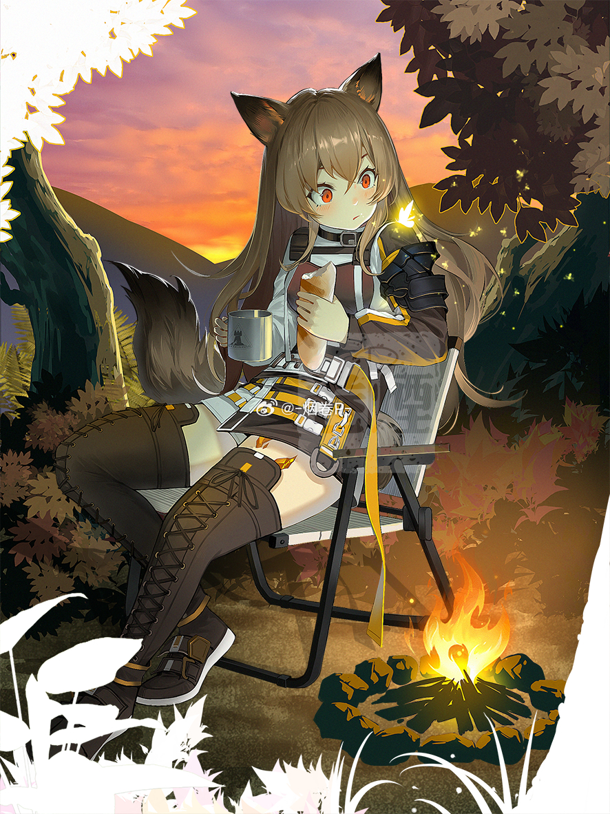 1girl animal_ear_fluff animal_ears arknights belt belt_buckle belt_collar black_belt black_collar black_footwear black_sleeves black_thighhighs bread brown_dress brown_hair buckle bug bush butterfly campfire ceobe_(arknights) chair chinese_commentary cigarette_p closed_mouth clouds cloudy_sky collar commentary_request cross-laced_clothes cross-laced_legwear cup dress drink eating eyelashes folding_chair food full_body holding holding_drink holding_food light_frown long_hair long_sleeves looking_at_another mug multiple_belts on_chair orange_belt orange_eyes orange_sky outdoors shirt shoes short_dress single_shoulder_pad sitting sky sleeveless sleeveless_dress sneakers solo sunset tail thigh-highs tree turtleneck watermark weibo_logo weibo_username white_shirt wolf_ears wolf_tail yellow_butterfly