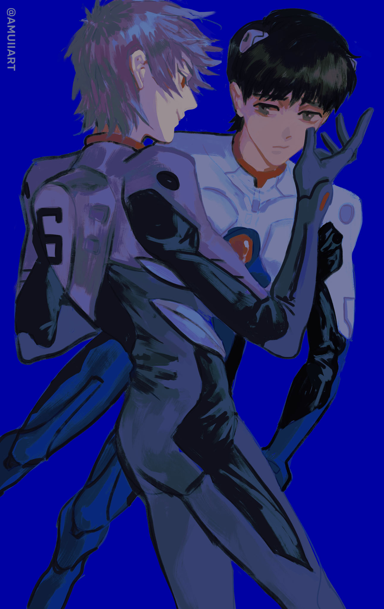 2boys amuii black_hair blue_background blue_theme bodysuit highres ikari_shinji interface_headset male_focus multiple_boys nagisa_kaworu neon_genesis_evangelion pilot_suit red_eyes silver_hair