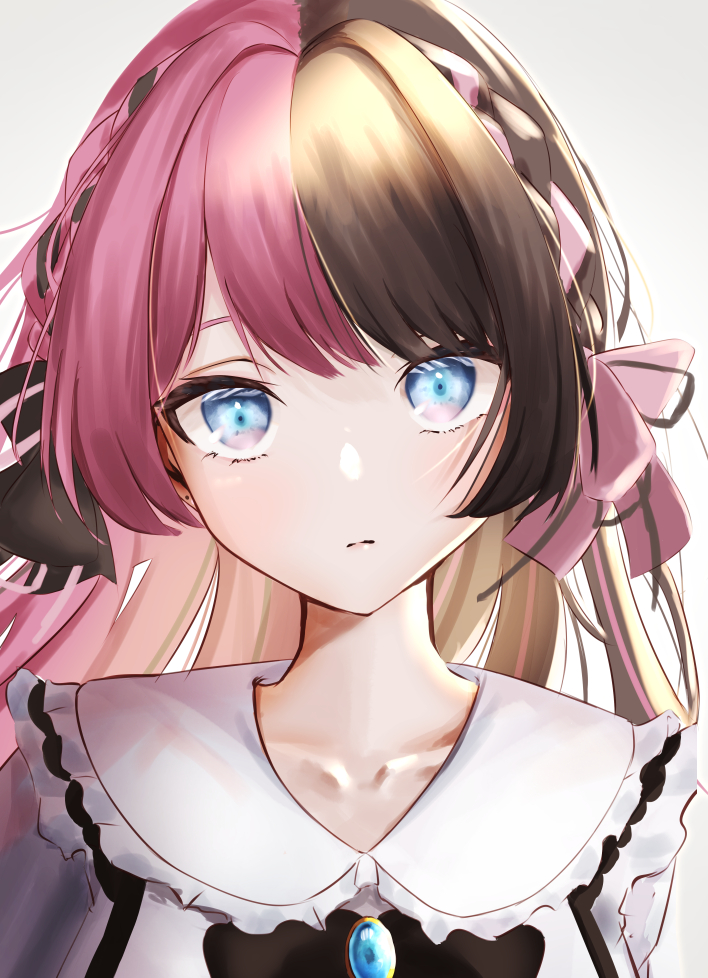 1girl bangs black_bow black_hair blouse blue_eyes bow braid closed_mouth collarbone french_braid frilled_shirt frills hair_bow head_tilt iwashimp28 long_hair looking_at_viewer multicolored_hair no_nose pink_bow pink_hair shirt solo split-color_hair swept_bangs tachibana_hinano_(vtuber) two-tone_hair upper_body virtual_youtuber vspo! white_blouse wind